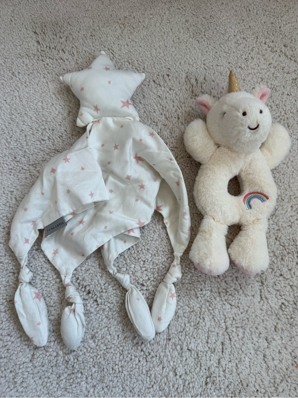 Silky Tots Pink Star Print Baby Lovey and Plush Unicorn Rattle - White & Pink